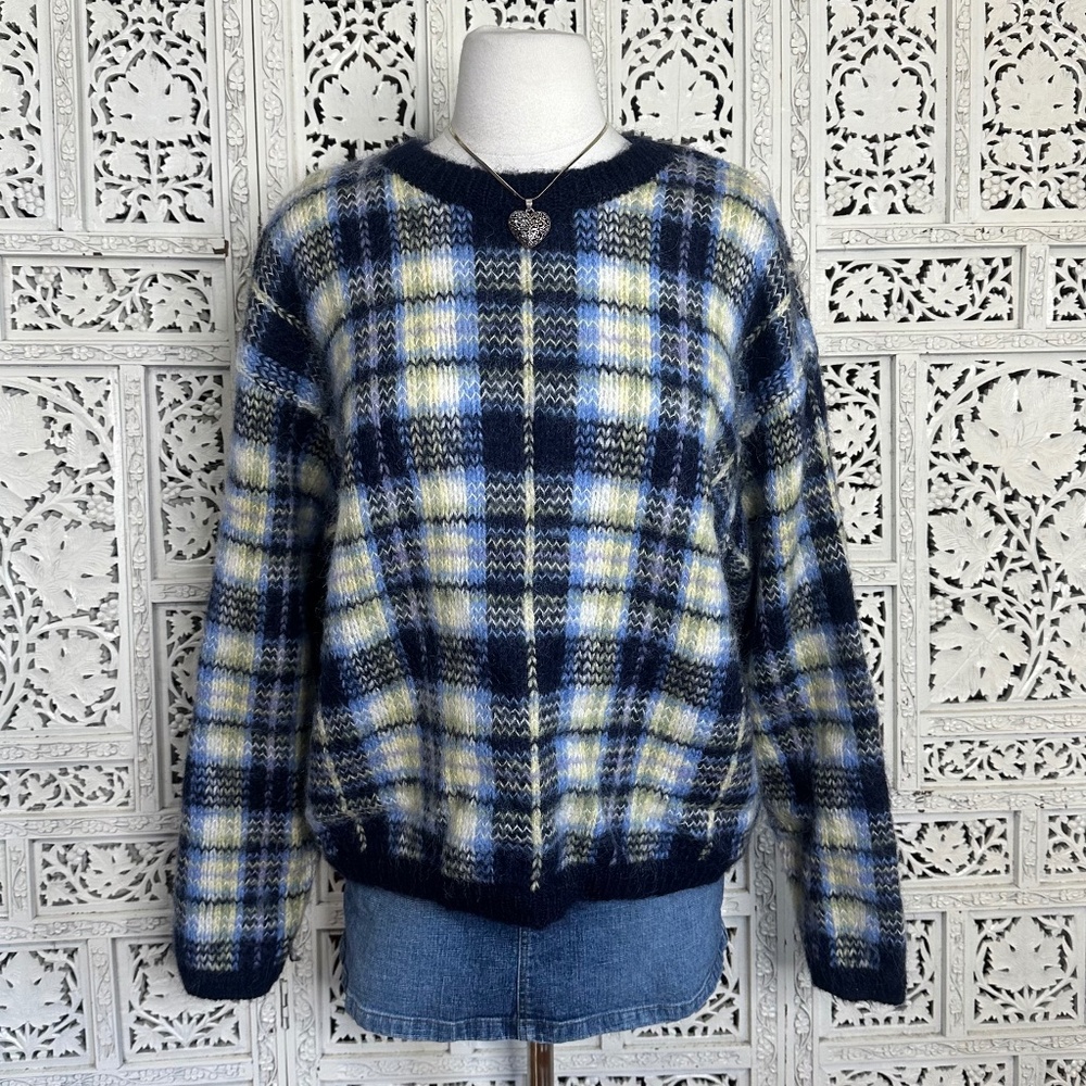 Paul Harris Design Plaid Blue Mohair Blend Fuzzy Grandpa Sweater‎ Sz XL